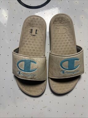 Champion Kids Beige Slides with Blue Logo 6w